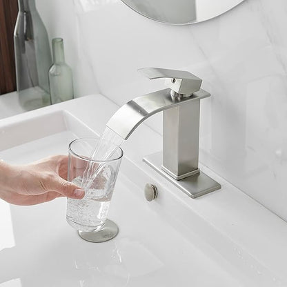 BWE Bathroom Faucet Modern Brushed Nickel Waterfall Single Hole Faucet for Bathroom Sink Single Handle with Pop Up Drain with Overflow Assembly and Supply Line Lavatory Bath Faucet