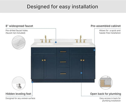 ARIEL Hamlet 60-inch Bathroom Vanity with Sink,Solid Wood, 1.5-inch Carrara White Quartz Countertop, Double Rectangular Porcelain Sink, 4 Soft Closing Doors, 3 Dovetail Drawers, Midnight Blue