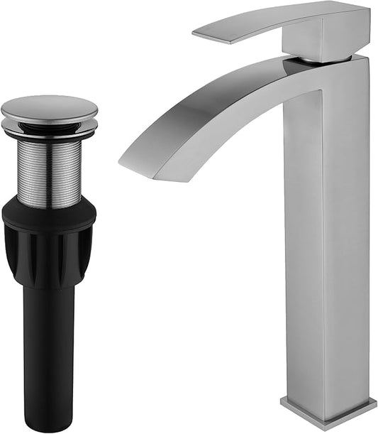Vessel Sink Faucet Brushed Nickel, Single Handle Waterfall Tall Bathroom Sink Faucet Single Hole with cUPC Supply Hose and Pop Up Drain JU-BS101-BN
