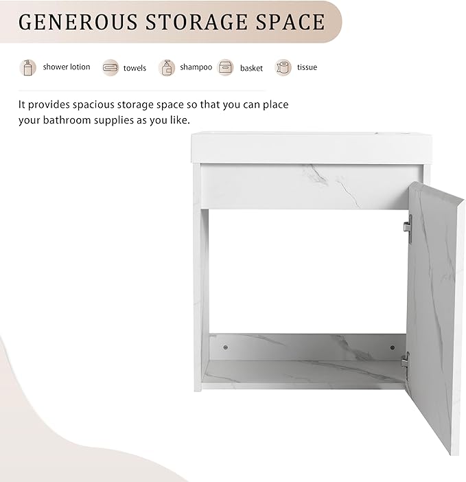 20" Small Floating Bathroom Vanity with White Marble Grain Flat Door and Storage