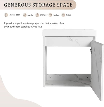 20" Small Floating Bathroom Vanity with White Marble Grain Flat Door and Storage