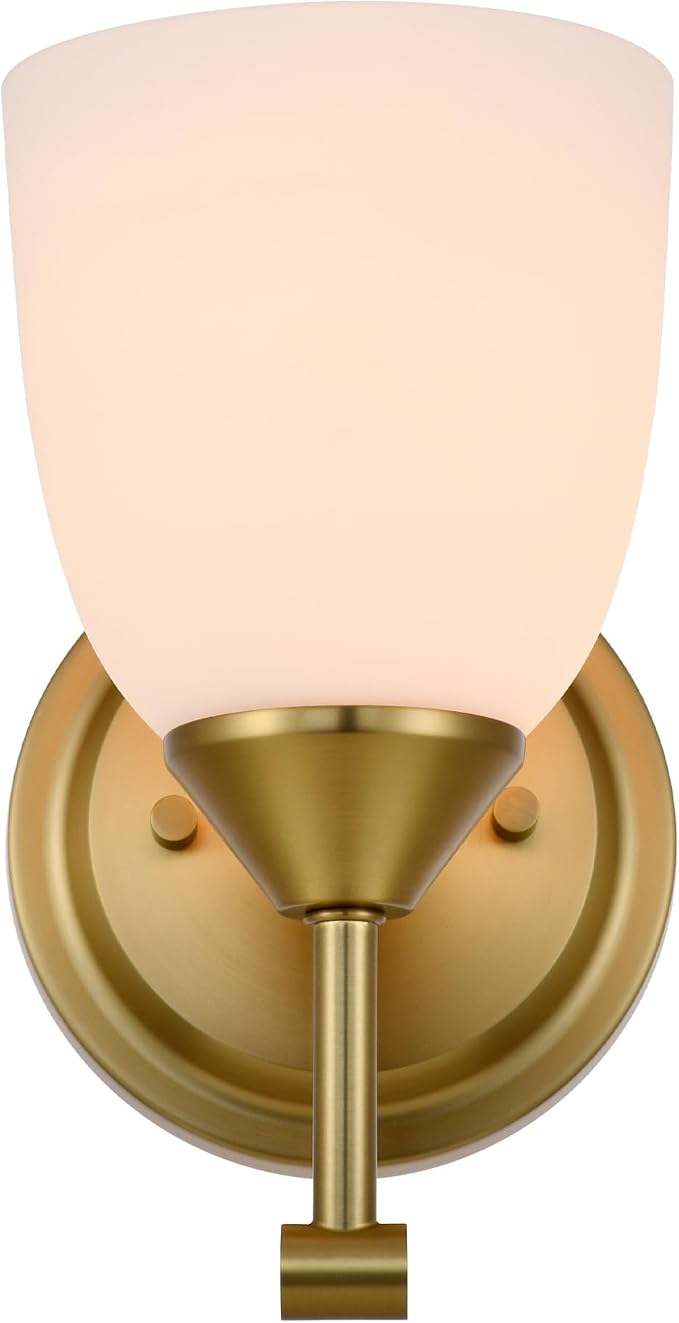 Traditional 1-Light Indoor Gold Wall Sconce with Frosted Glass Bathroom Bedroom Hallway, 9.6" H x 5.5" W, Aged Brass
