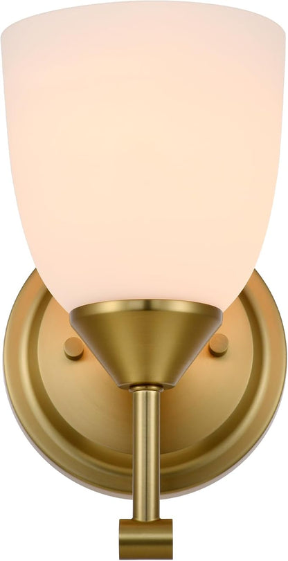 Traditional 1-Light Indoor Gold Wall Sconce with Frosted Glass Bathroom Bedroom Hallway, 9.6" H x 5.5" W, Aged Brass