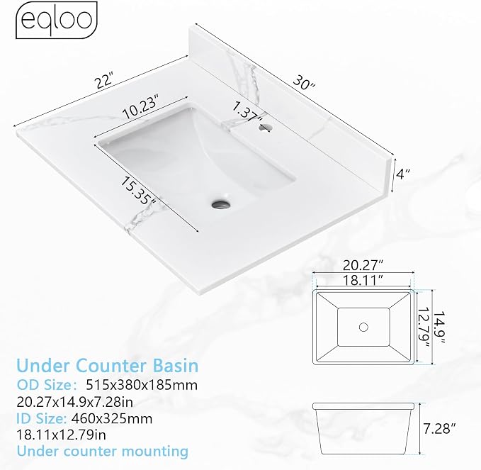30 in. W x 22 in D Quartz Vanity Top in Calacatta Rocky, Vanity Sink Top with Assembled Single Drop-in Sink, Pre-Drilled Single Faucet Hole Countertop with 4" H Backsplash