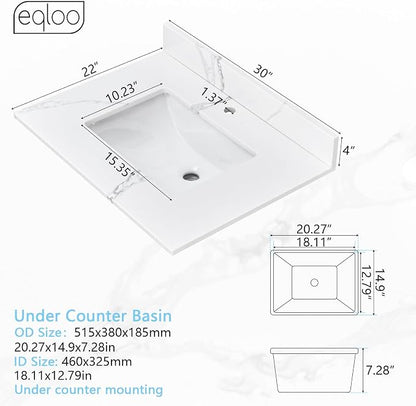 30 in. W x 22 in D Quartz Vanity Top in Calacatta Rocky, Vanity Sink Top with Assembled Single Drop-in Sink, Pre-Drilled Single Faucet Hole Countertop with 4" H Backsplash