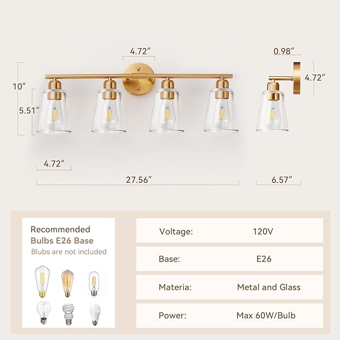 TALOYA 27 Inch Brushed Gold Bathroom Light Fixtures with Thickend Clear Tapered Glass Shade, 4-Light Modern Vanity Light Over Mirror for Bathrooms, Bedrooms (Bulbs Not Included)