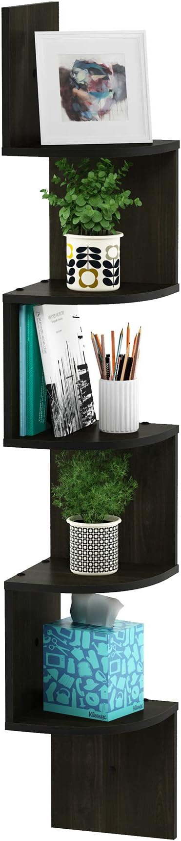 Furinno ROSSI Floating Book Shelves for Wall, 5-Tier Zigzag Corner Shelf Wall Mounted, Radial Corner Floating Shelf, for Living Room, Bedroom, Bathroom, Home Office, Espresso