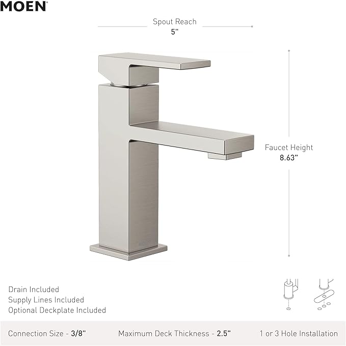 Moen Revyl Matte Black One-Handle Single Hole Modern Bathroom Sink Faucet with Optional Deckplate and Spring Loaded Drain Assembly, 84771BL