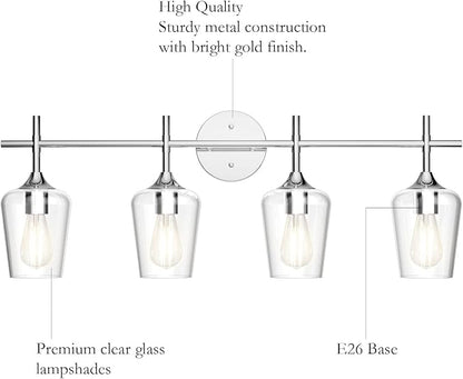 Ralbay Chrome Bathroom Vanity Light - 4 Light Industrial Farmhouse Style, Clear Glass, Over Mirror
