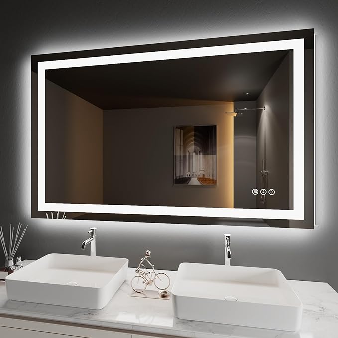LED Bathroom Mirror 48"X36" with Front Light and Backlit | Stepless Dimmable, Anti-Fog, Shatter-Proof, HD Reflection, Memory, 3 Colors Lighting, UL Listed (Horizontal/Vertical).