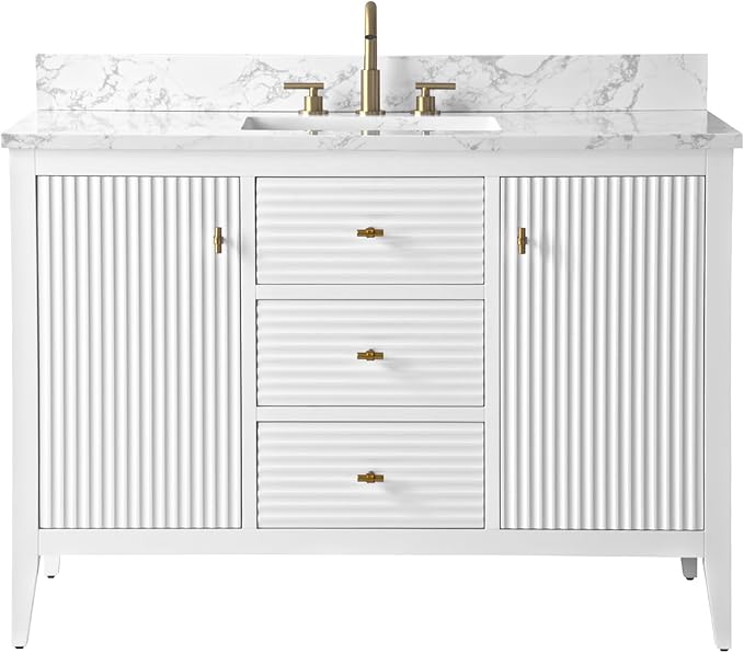 HOMEBEYOND 48" Bathroom Vanity with Sink, Solid Wood Bathroom Vanity Free-Standing Cabinet, Drawers, Ceramic Top & Soft Closing Door, Golden Brushed Handware, White