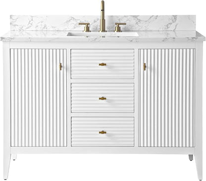 HOMEBEYOND 48" Bathroom Vanity with Sink, Solid Wood Bathroom Vanity Free-Standing Cabinet, Drawers, Ceramic Top & Soft Closing Door, Golden Brushed Handware, White