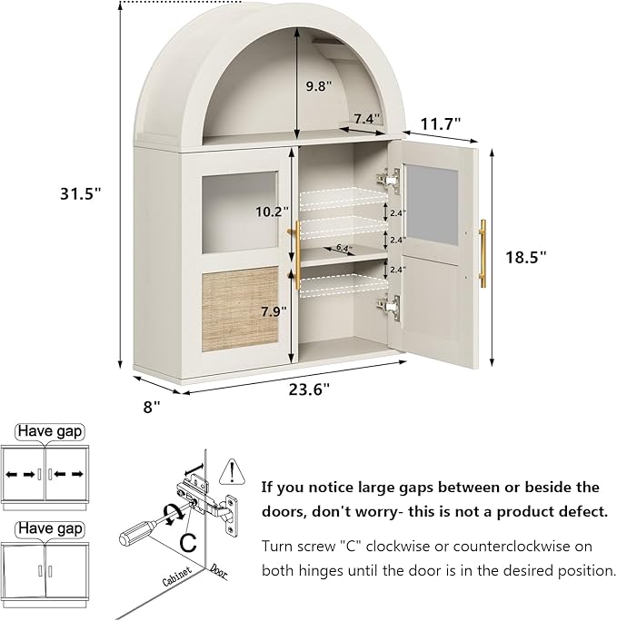 RUSTOWN Arched Bathroom Wall Cabinet with 2 Glass & Rattan Doors | Rattan Medicine Cabinet, Farmhouse Over the Toilet Storage Cabinet, Adjustable Shelves, 3-Tier Wall Mounted Cabinets