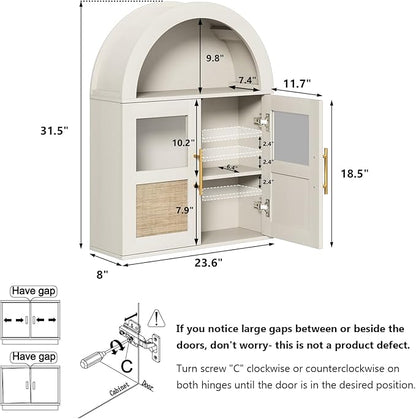 RUSTOWN Arched Bathroom Wall Cabinet with 2 Glass & Rattan Doors | Rattan Medicine Cabinet, Farmhouse Over the Toilet Storage Cabinet, Adjustable Shelves, 3-Tier Wall Mounted Cabinets