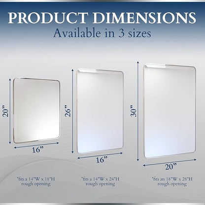 16x26 Austin Farmhouse Metal Framed Rounded Rectangle Recessed Bathroom Medicine Cabinet, Beveled Mirror, 14x24 in-Wall Opening, powder-coated Steel, Adjustable Glass Shelves, Magnet Close, Chrome