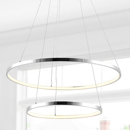 JONATHAN Y 15.75" Chrome 2-Light Modern Integrated LED Pendant Light, Dimmable Round Hoop Chandelier for Kitchen Island, Dining Room, Adjustable Height Metal Hanging Light (JYL7204C)