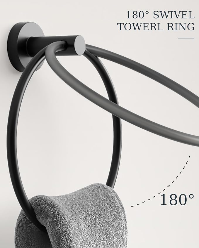 Matte Black Bathroom Hardware Set 10 Pieces Stainless Steel | Evolvegoods Bathroom Hardware Set, Includes 26 inch Towel Bar, 4 Towel Hook, 2 Towel Ring Toilet Paper Holder