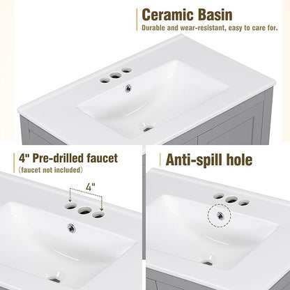 LUMISOL 60" Bathroom Vanity with Double Sink, Solid Wood Bathroom Sink Cabinet with 2 Drawers, Storage Racks & 2 Cabinets, Separate Bathroom Vanities with Double Ceramic Sinks, Grey