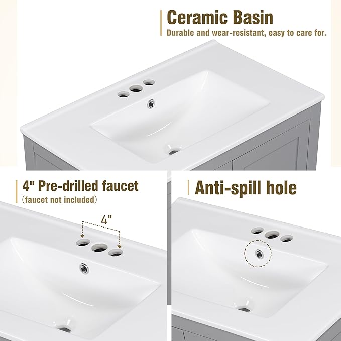 HABITRIO 60" Bathroom Vanity Set with Double Vanities (Separate), Double Ceramic Sinks, Storage Shelf, and Divided Drawers (Mirror not Included), Gray