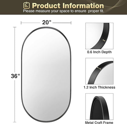 Brightify 20x36 Inch Black Oval Mirror for Bathroom, Matte Black Vanity Mirrors Metal Frame, Wall Mounted Mirror for Bedroom Fireplace Wall Decorative Hang Vertical and Horizontal