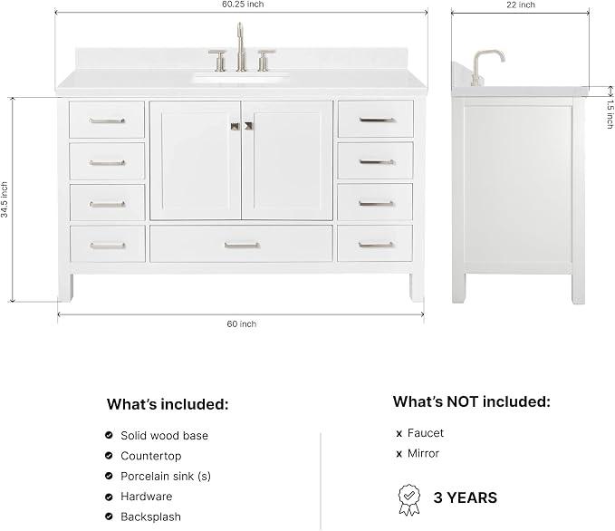 ARIEL Cambridge 60-inch Bathroom Vanity with Sink,Solid Wood, 1.5-inch Carrara White Quartz Countertop, Single Rectangular Porcelain Sink, 2 Soft Closing Doors, 9 Dovetail Drawers, White