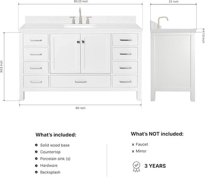 ARIEL Cambridge 60-inch Bathroom Vanity with Sink,Solid Wood, 1.5-inch Carrara White Quartz Countertop, Single Rectangular Porcelain Sink, 2 Soft Closing Doors, 9 Dovetail Drawers, White