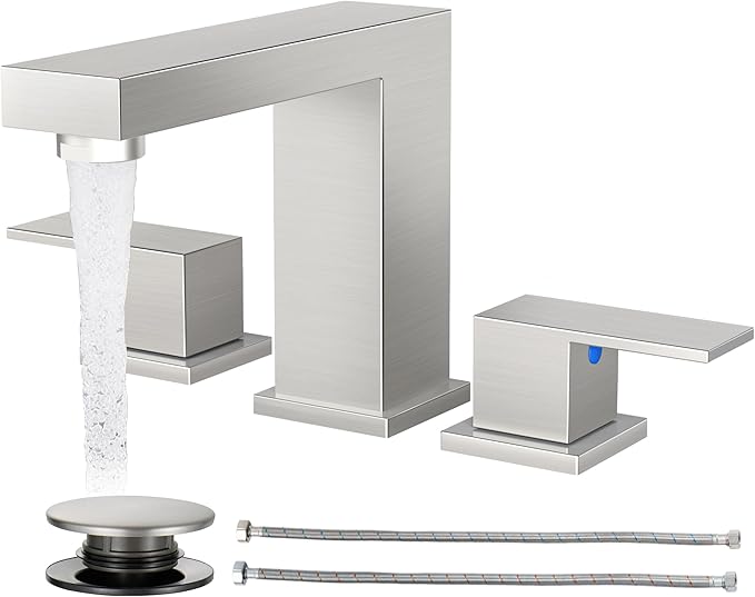 Cobbe Bathroom Faucets for Sink 3 Hole, Brushed Nickel Bathroom Sink Faucet Square 8 inch Widespread with Pop-Up Drain, 2 Handle and 2 Supply Hoses, Lead-Free Stainless Steel for Vanity Rv, Farmhouse