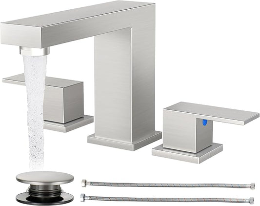 Cobbe Bathroom Faucets for Sink 3 Hole, Brushed Nickel Bathroom Sink Faucet Square 8 inch Widespread with Pop-Up Drain, 2 Handle and 2 Supply Hoses, Lead-Free Stainless Steel for Vanity Rv, Farmhouse