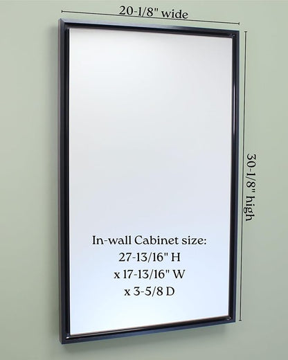 Fox Hollow Furnishings 20x30 Parker Metro Metal Framed Rectangle Recessed Bathroom Medicine Cabinet, Floating Mirror, 14x24 in-Wall Opening, Steel, Adjustable Glass Shelves, Magnet Close, Black