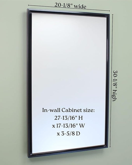 Fox Hollow Furnishings 20x30 Parker Metro Metal Framed Rectangle Recessed Bathroom Medicine Cabinet, Floating Mirror, 14x24 in-Wall Opening, Steel, Adjustable Glass Shelves, Magnet Close, Black