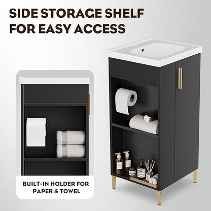 Pre-Assembled 16 Inch Black Small Bathroom Vanity, Freestanding Bathroom Cabinet with Ceramic Sink, Soft-Close Door, Left Side Storage, No Faucet, BV05-16-PUREBLACK-PLUS