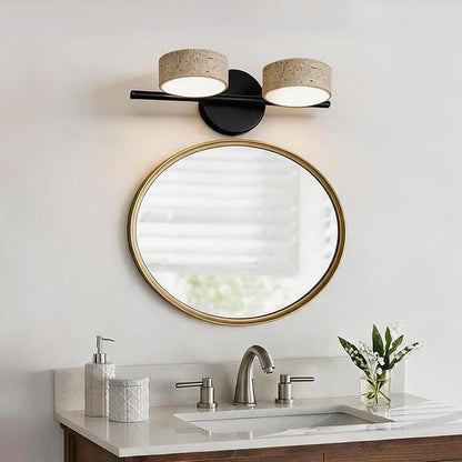 Led Bathroom Lighting Fixtures Over Mirror with 2 Travertine Shades,Vanity Lights Wall Lamp, 180° Rotatable Stone Lampshades Bathroom Lights, Modern Farmhouse Stone Sconces Black