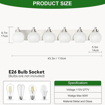 IZORRO Bathroom Light Fixtures, 6-Light Brushed Nickel Vanity Light, Modern Wall Sconces with Globe Milk White Glass Shade, Vanity Lighting Fixtures Over Mirror,E26 Bulb Socket