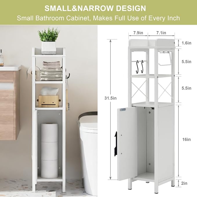 VECELO Small Bathroom Cabinet,Slim Toilet Paper Holder with Door & 2 Shelves,Narrow Storage Organizers Fenced Top Waterproof Coating for Restroom Bathroom in Tiny Space,White