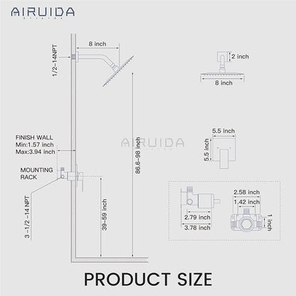 Airuida Shower Faucet Set,8 Inch Shower Valve Kit,Brushed Gold | Male Threads,Rough-in Valve Shower Trim Kit,Single Handle Control Shower Set