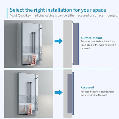 Quavikey Medicine Cabinet with Mirror, Aluminum Surface Mount or Recessed Bathroom Medicine Mirror Cabinet 16x26 Inch, Silver