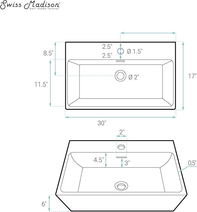 Swiss Madison Claire 30” Rectangle Wall-Mount Bathroom Sink in Matte Black