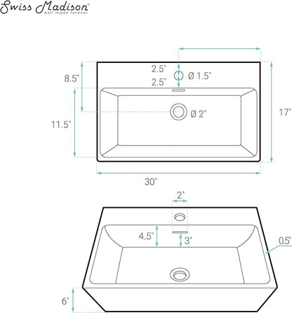 Swiss Madison Claire 30” Rectangle Wall-Mount Bathroom Sink in Matte Black