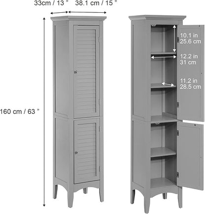 Teamson Home Glancy Tall Slim Freestanding Double Tier Floor Linen Cabinet with 1 Adjustable and 3 Fixed Interior Shelves 5 Storage Spaces and 2 Louvered Doors, Gray