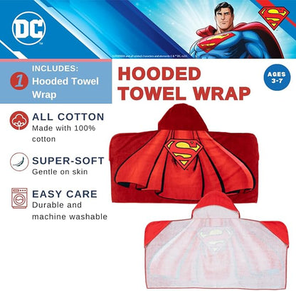 Franco Superman DC Comics Cape Kids Super Soft Bath/Pool/Beach Soft Cotton Terry Hooded Towel Wrap, 24 in x 50 in, (Officially Licensed Product)
