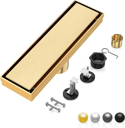 DLONE® Linear Shower Drain - 12 Inch Brushed Gold, with Tile Insert Panel | AISI 304 Stainless Steel Linear Drain, Rectangle Shower Floor Drain, with Adjustable Feet, Fits Bathroom & Balcony etc