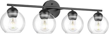 Emak 29 Inch Black Bathroom Light Fixtures, 4-Light Vanity Light with Clear Glass Shade, Globe Vanity Lights for Bathroom, VL114-BKL-4