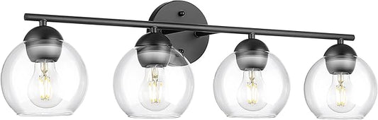 Emak 29 Inch Black Bathroom Light Fixtures, 4-Light Vanity Light with Clear Glass Shade, Globe Vanity Lights for Bathroom, VL114-BKL-4