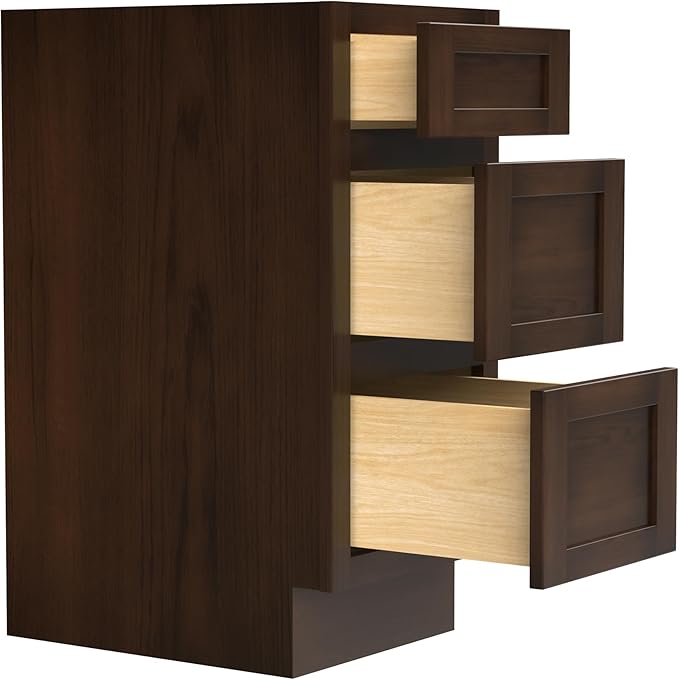 HomeBeyond 15 Inch Bathroom Vanity Base Only, Single Vanity Cabinet with 3 Dove-Tailed Drawers, Composable Floor Mount Cabinets without Top, Brown