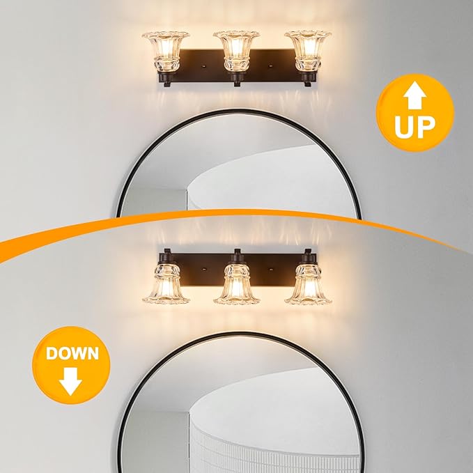 Vintage 3-Light Bathroom Vanity Light, Oil Rubbed Bronze Bathroom Light Fixtures with Floral Clear Glass Shades, Antique Wall Sconce Fixtures for Dressing Table, Bedroom