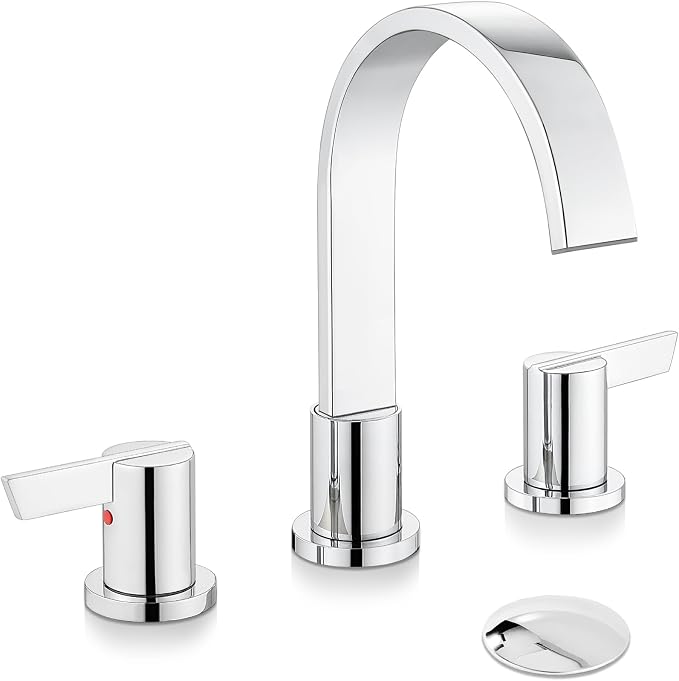 Midanya 8 Inch Widespread Bathroom Sink Faucet 3 Hole,Polish Chrome | Waterfall Swivel Spout,2 Handle,SUS304,with Pop Up Drain,cUPC 24" Water Hose,for 6-16” hole distance vanity,RV,Farmhouse Sink