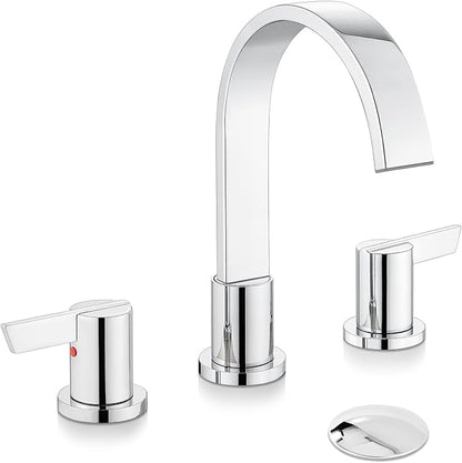 Midanya 8 Inch Widespread Bathroom Sink Faucet 3 Hole,Polish Chrome | Waterfall Swivel Spout,2 Handle,SUS304,with Pop Up Drain,cUPC 24" Water Hose,for 6-16” hole distance vanity,RV,Farmhouse Sink