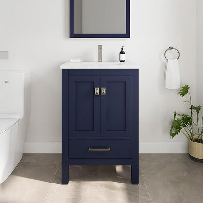 Eviva London 24 in. Blue Single Sink Bath Vanity with Carrara Quartz Top and Undermount Porcelain Sink