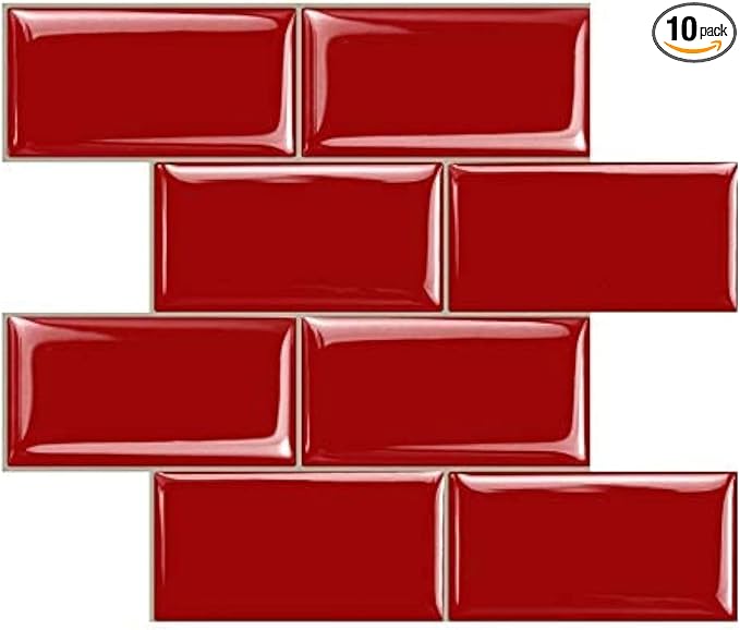 STICKGOO Peel and Stick Subway Tile, Stick on Tiles Backsplash for Kitchen & Bathroom in Red (Pack of 10, Thicker Design)