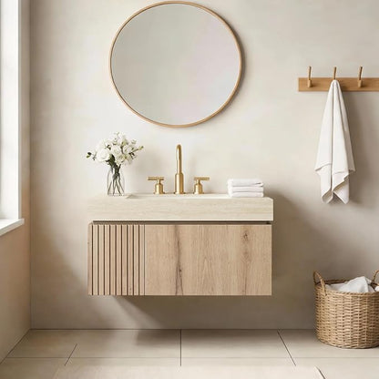 Ambrovina 30" Bathroom Vanity with Sink, Floating Bathroom Storage Cabinet with Drawer and Door, Roma Travertine-Pattern Top and 3 Pre-drilled Faucet Holes Ceramic Basin, Pre-Assembled, Light Wooden